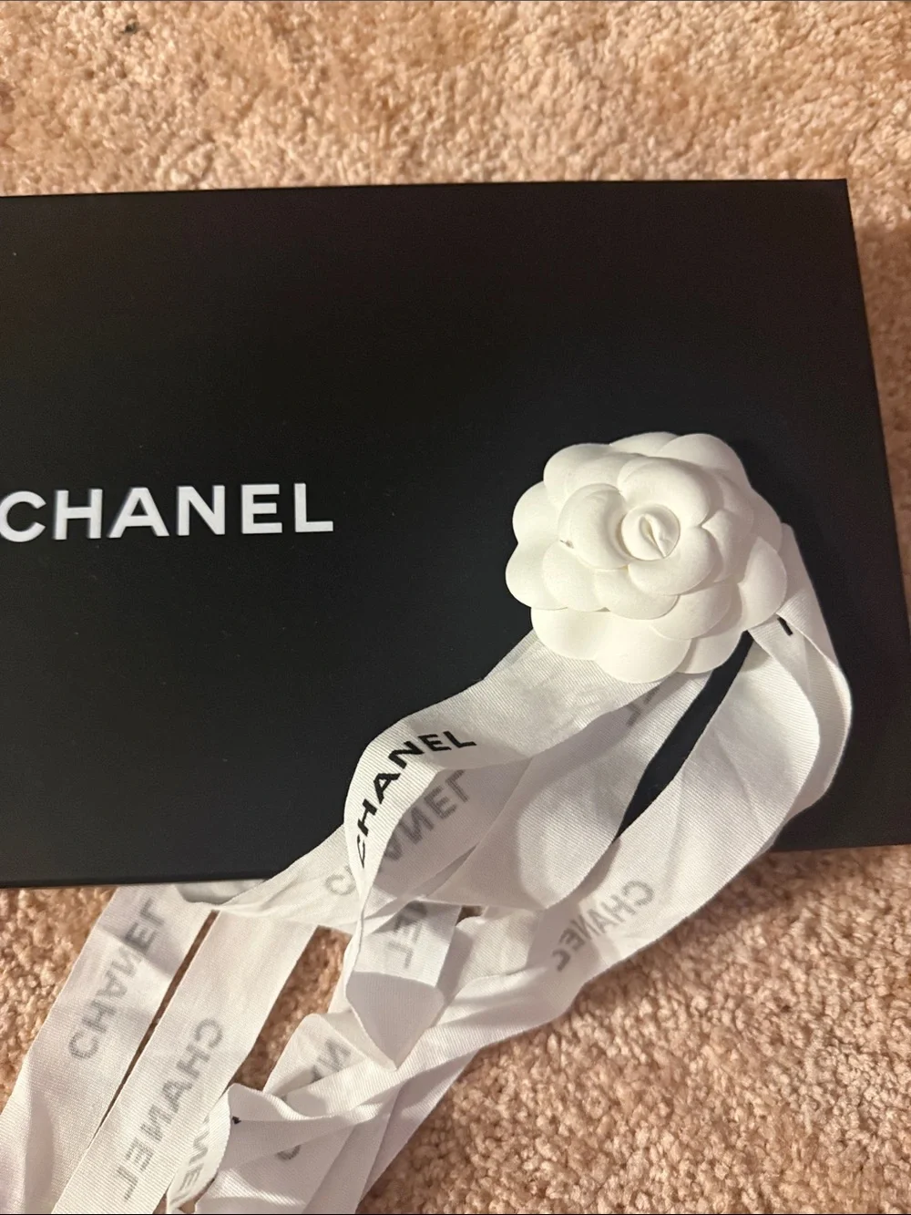 CHANEL Black Box with White Ribbon and Camellia